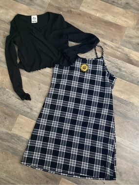Lily Bleu Black & White Plaid Slip Dress with Sunflower Patch